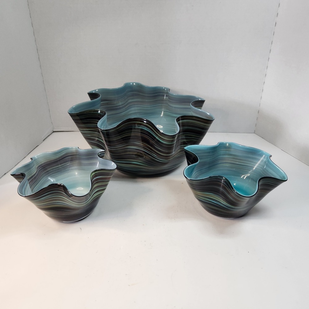 Vintage 3 Pc‎ Murano-Style Art Glass Handkerchief Bowl Set Blue-Green Swirl Read